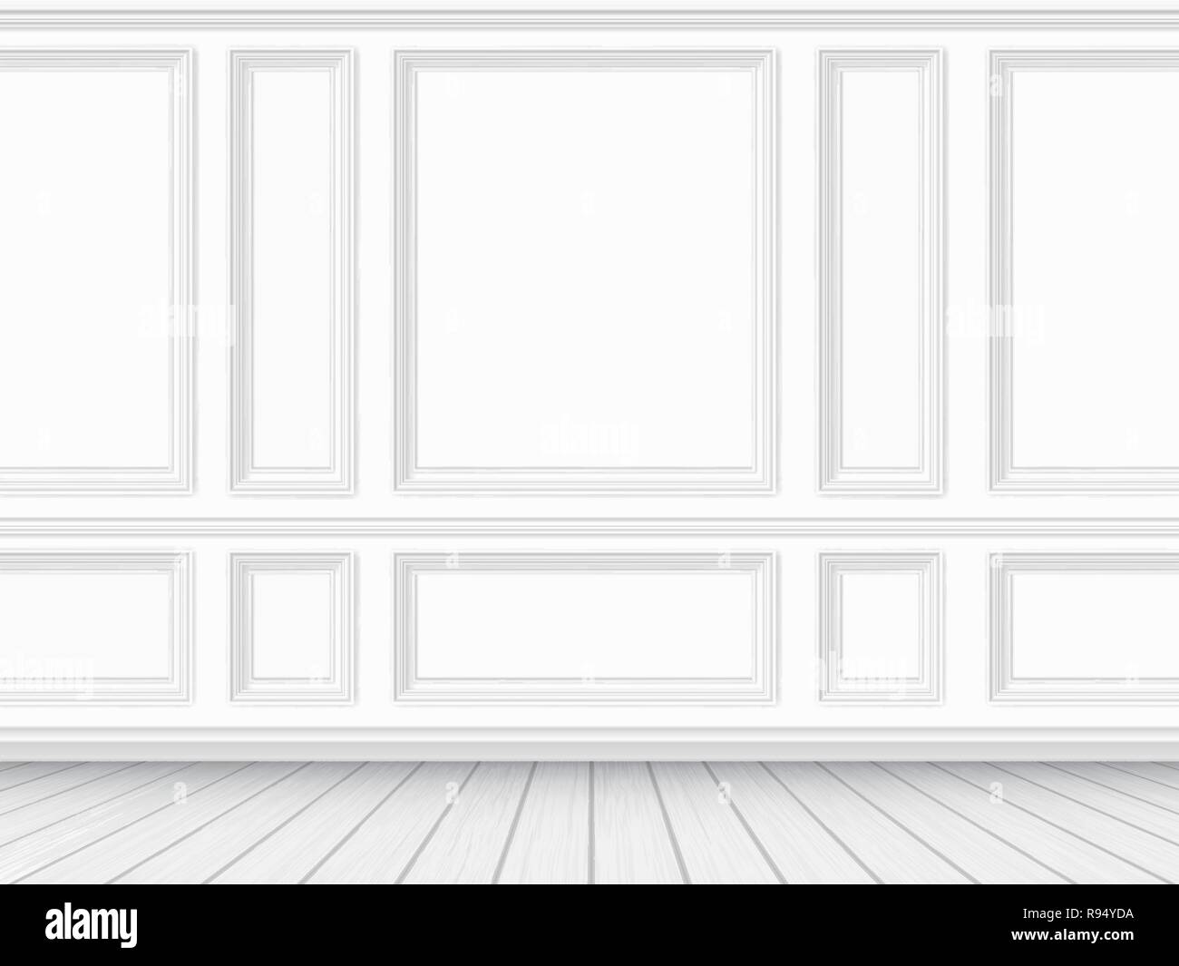 Klassische Einrichtung des Wohnzimmers. Parkettboden und weiße Wand mit molding Panels eingerichtet. Vektor Sondermaßnahmen realistische Abbildung. Stock Vektor