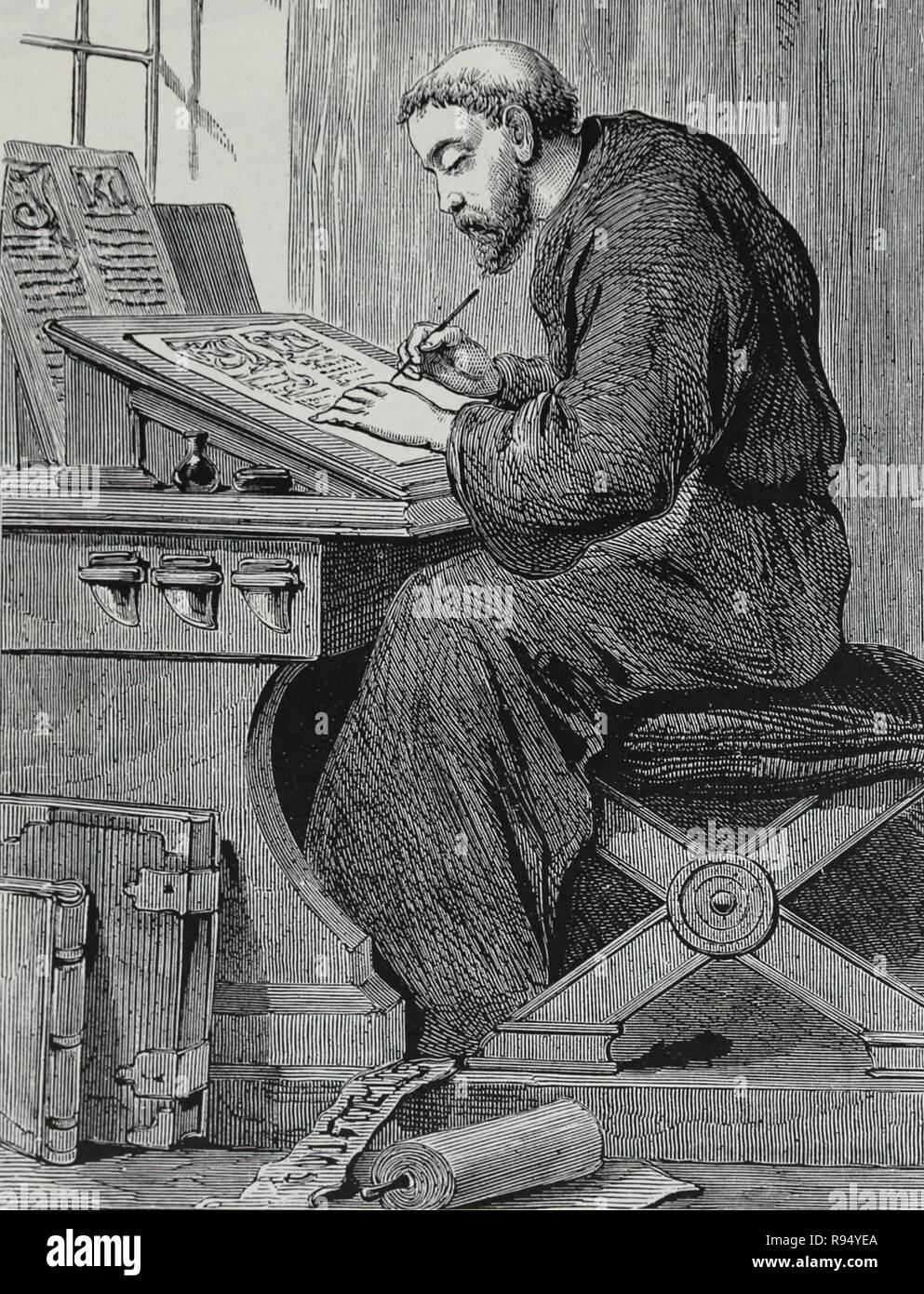 Mittelalterliche Mönch Kopisten. Gravur, 19. Stockfoto