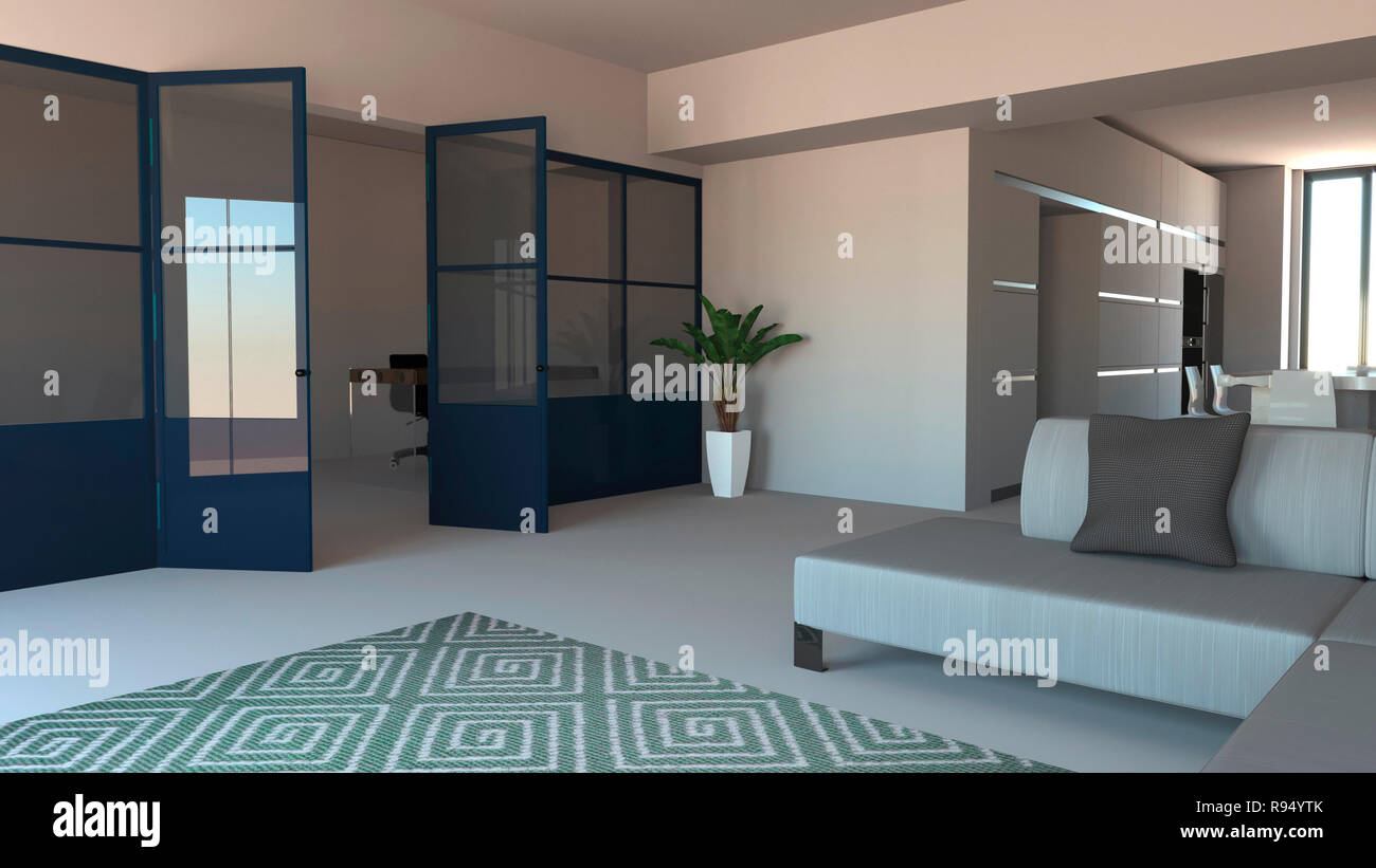 Aus Glas in Blau, Eisen und Glas, Wohnzimmer, Wohnzimmer und Küche. Modernes Interieur. 3D-Rendering. Offener Raum Stockfoto