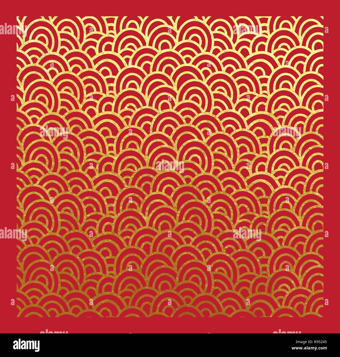 Orientalische Muster von seigaiha Wellen echten goldenen Farbe und metallische Folie auf rotem Hintergrund dekorativen Hintergrund oder origami Papier mit Gold Tinte metallic l Stock Vektor