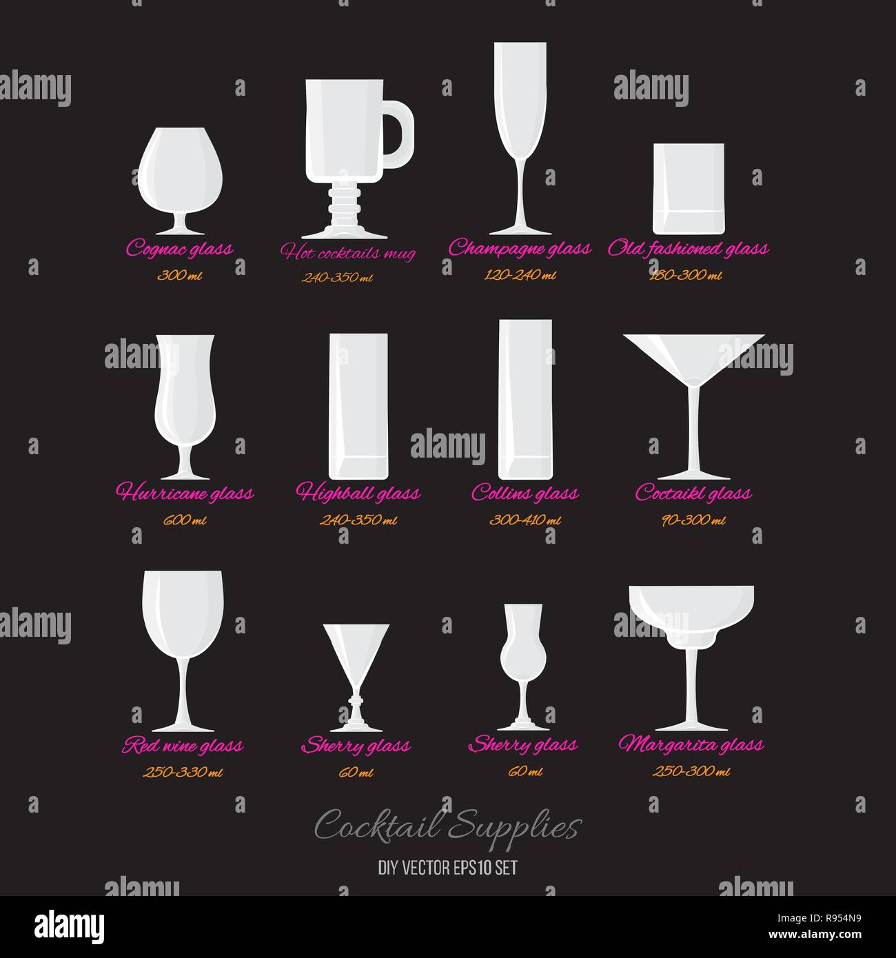 Vektor cocktails Gläser mit Namen und Glas. Menü Dekoration DIY-Vektor für  Web und Print im Retro-Stil eingerichtet Stock-Vektorgrafik - Alamy