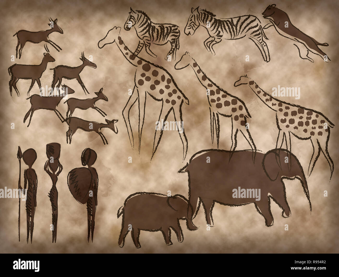 Höhlenmalerei Afrika Elefant Löwe zebra Giraffe Stockfoto