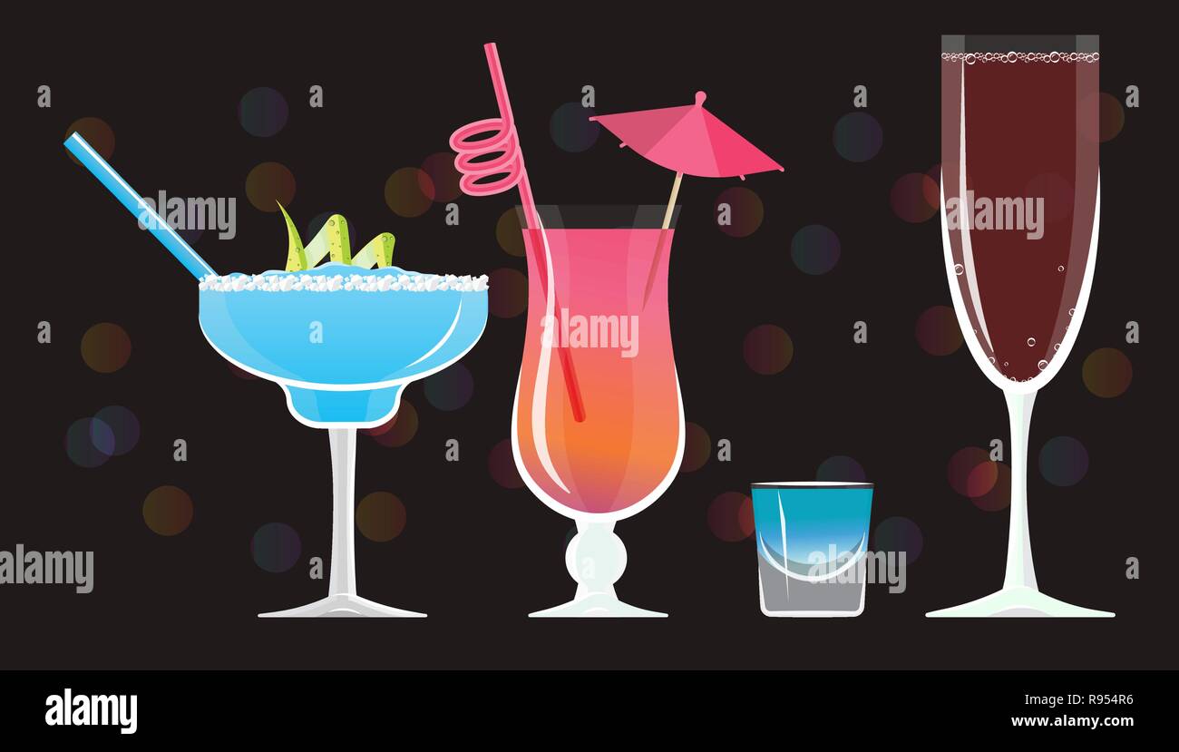 Moonlight Margarita, Mai Tai, Blau Kamikaze, Rose Wein Glas Cocktails auf schwarzem Hintergrund mit Bokeh gespiegelt. Vector Illustration für Web- und Pri Stock Vektor