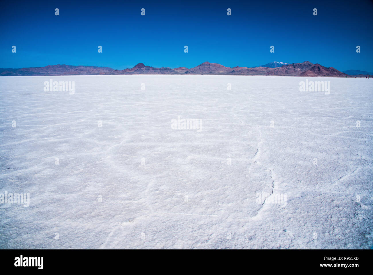 Die Bonneville Salt Flats in Utah, mit Gipfeln im Hintergrund. Stockfoto