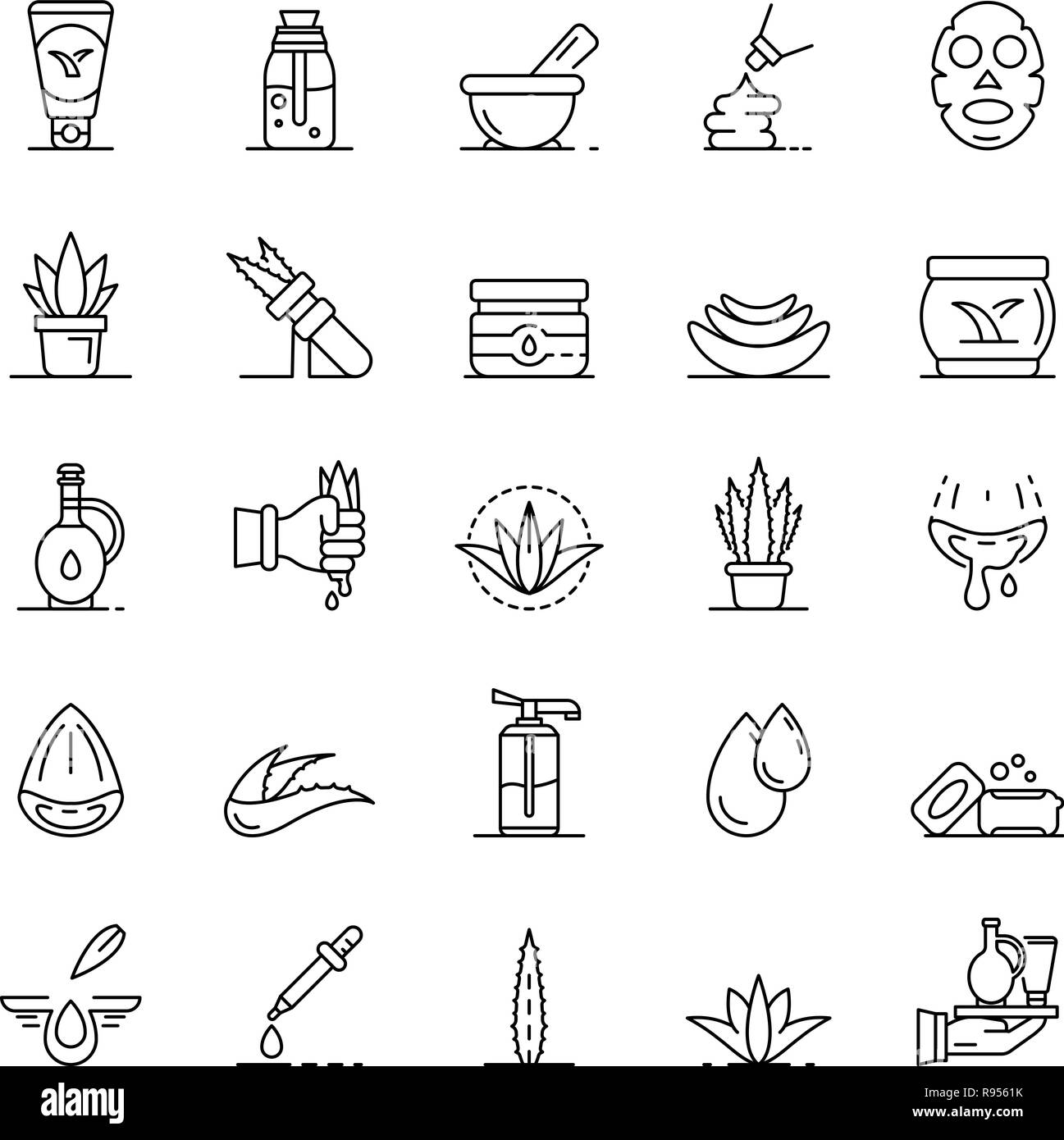 Aloe vera Icon Set, outline Style Stock Vektor