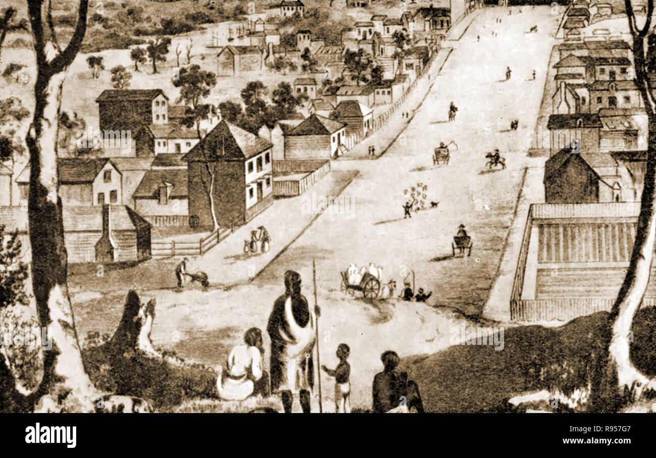 Eine alte Drucken Übersicht der Collins Street Melbourne, Australien, um 1837 kurz nach Beginn seiner monumentalen Wachstum von 13 Wohnungen nach dem von Robert Hoddle während der 1. Umfrage von Melbourne festgelegt wird Stockfoto