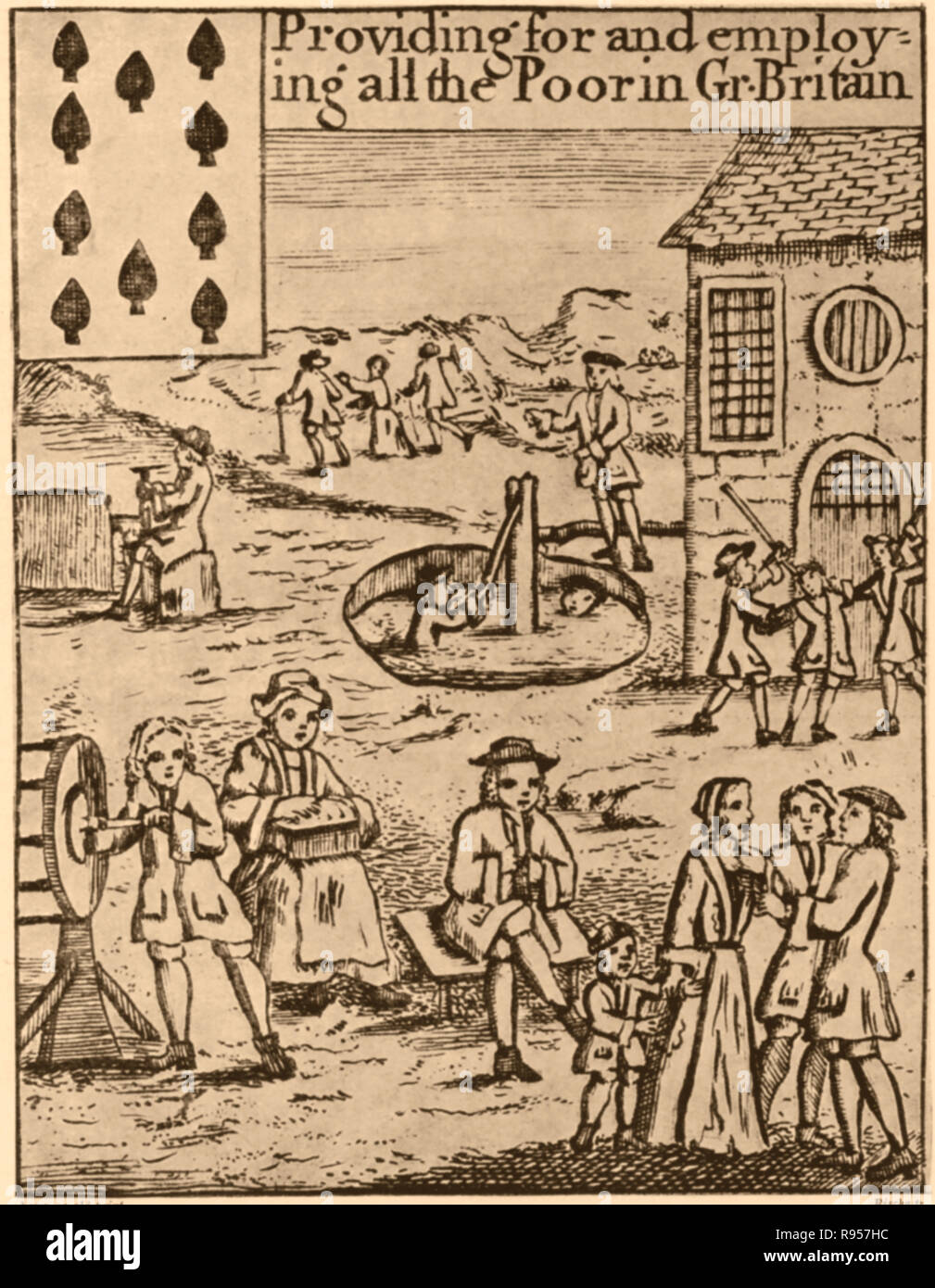 18. jahrhundert Playing Card Darstellung einer BRITISCHEN pfarrlichen Workhouse (aka ein Spike) Szene im Jahre 1720, damals Arbeitshäusern sorgte für Behinderte, Arbeitslose, Waisen, langfristig Kranken, Alten, Armen und anderen, die soziale Betreuung. Stockfoto