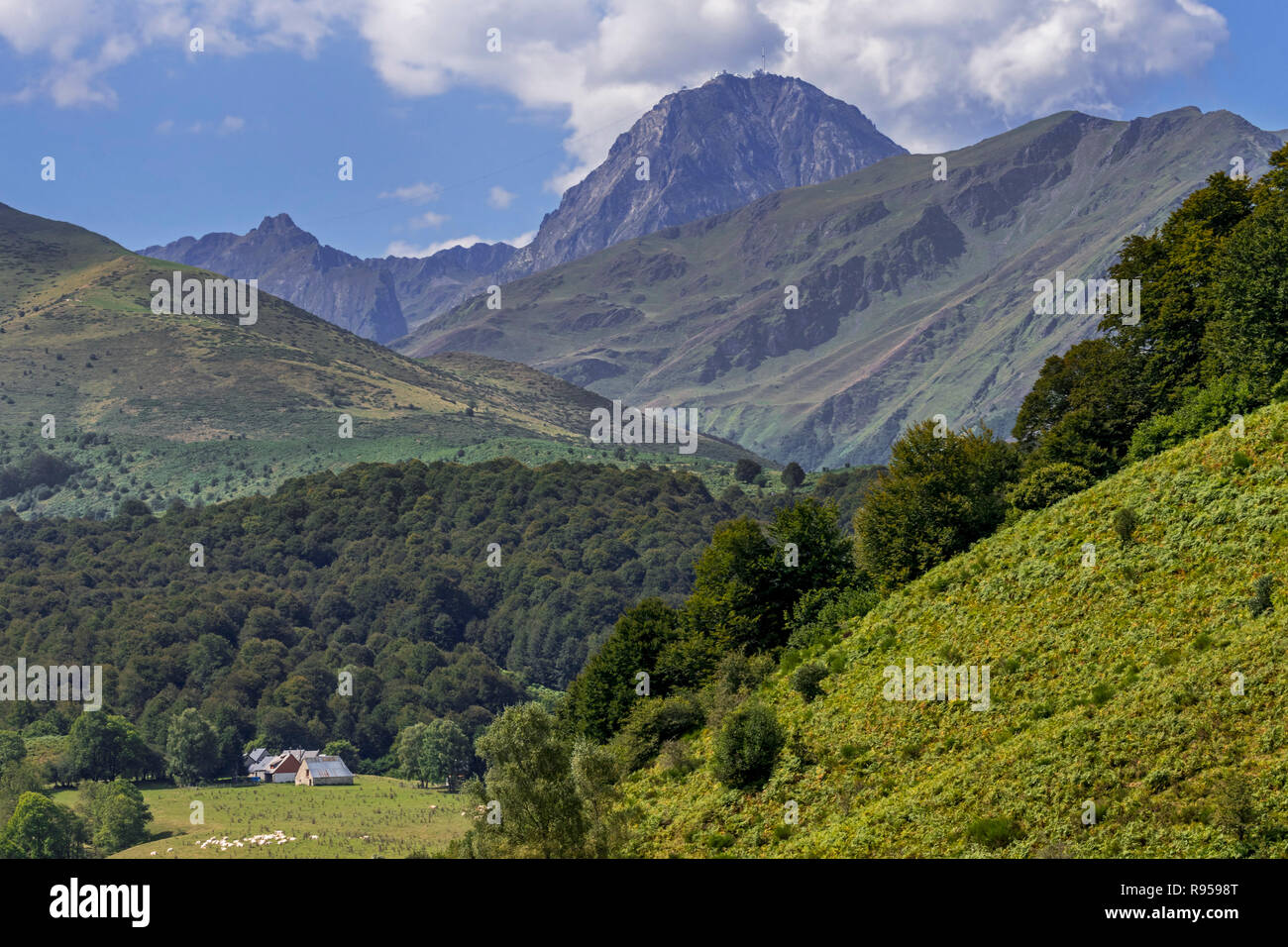 Bauernhof und den Berg Pic du Midi de Bigorre in den französischen Pyrenäen, Hautes-Pyrénées, Frankreich Stockfoto