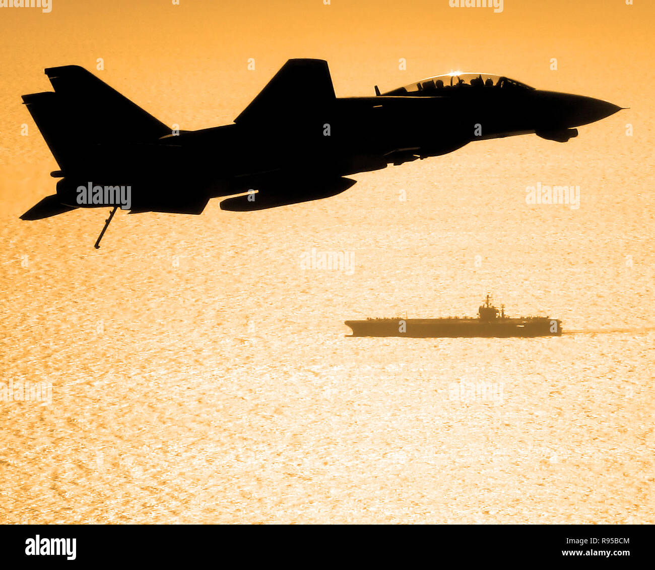 Eine F-14 D Tomcat, zugeordnet zu den 'Blacklions' Jagdgeschwader zwei Eins Drei (VF-213), hält in der landing Pattern mit seinen tailhook hinunter nach Durchführung einer Mission in den Persischen Golf. Us Navy Foto von Lt. j.g. Scott Timmester Stockfoto