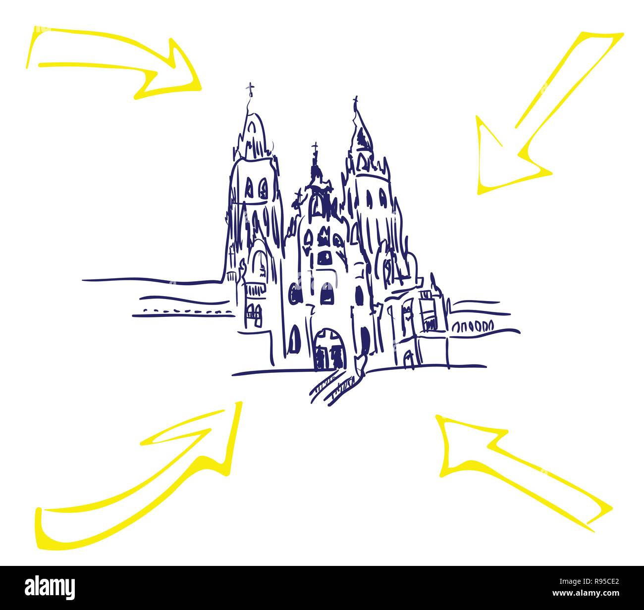 Die Kathedrale von Santiago de Compostela mit gelben Pfeilen Stock Vektor