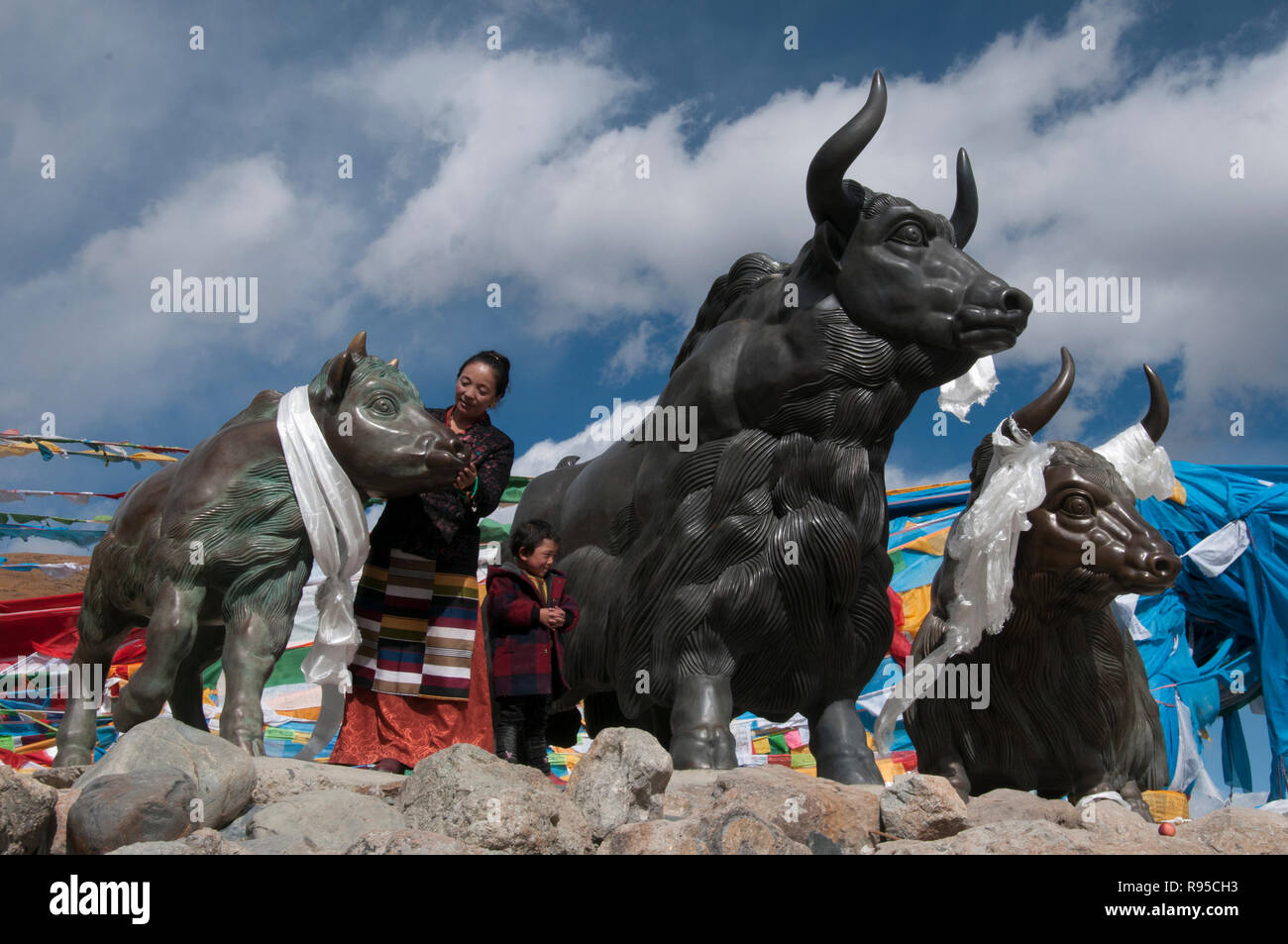 Modell Yaks schmücken ein high-altitude Straßenrand halt an Mila Pass, 5013 m, am Highway 318 östlich von Lhasa, Tibet, China Stockfoto