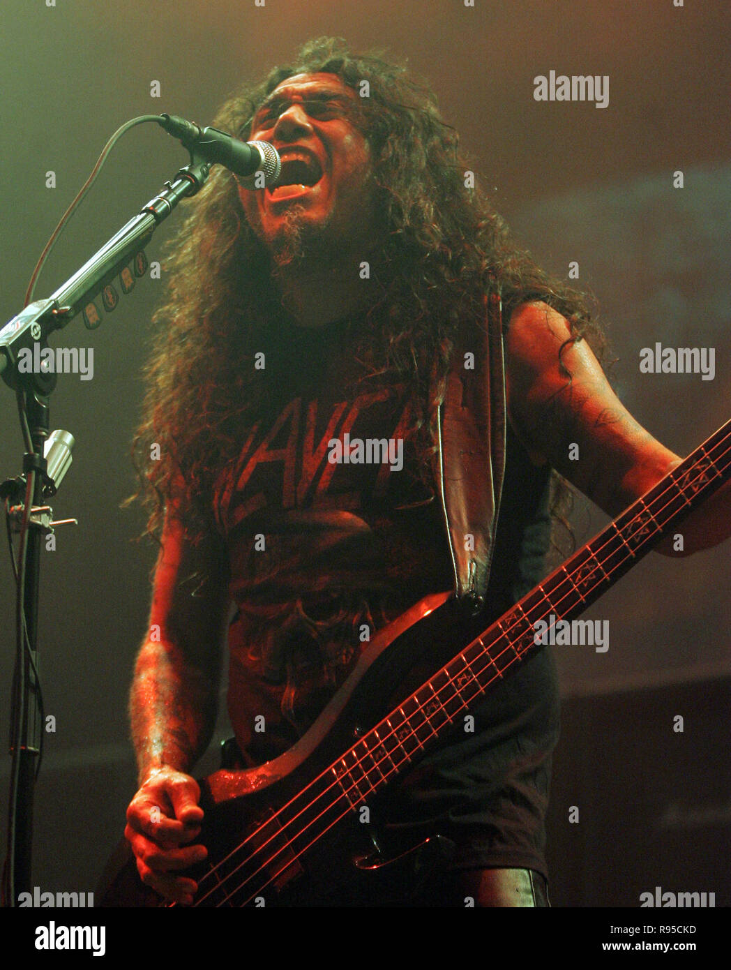 Tom Araya hevy mit Thrash Metal Band Slayer führt im Konzert an die fundierte Beratung im Amphitheater von West Palm Beach in Florida am 25. Juli 2007. Stockfoto