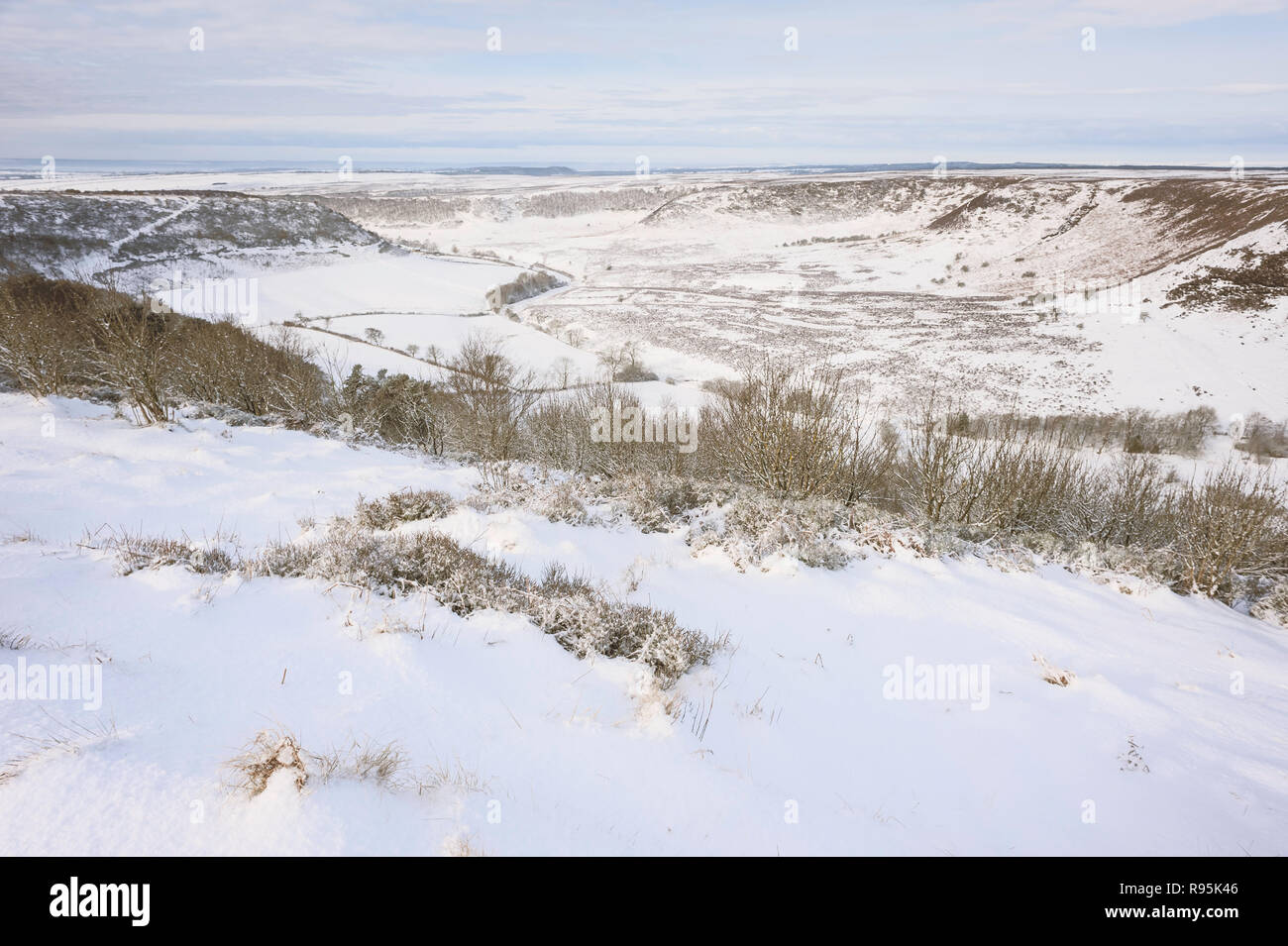 Schwere Schnee über das Loch der Horcum, einem natürlichen Depression, in der North York Moors im Winter in der Nähe von Goathland, Yorkshire, Großbritannien. Stockfoto