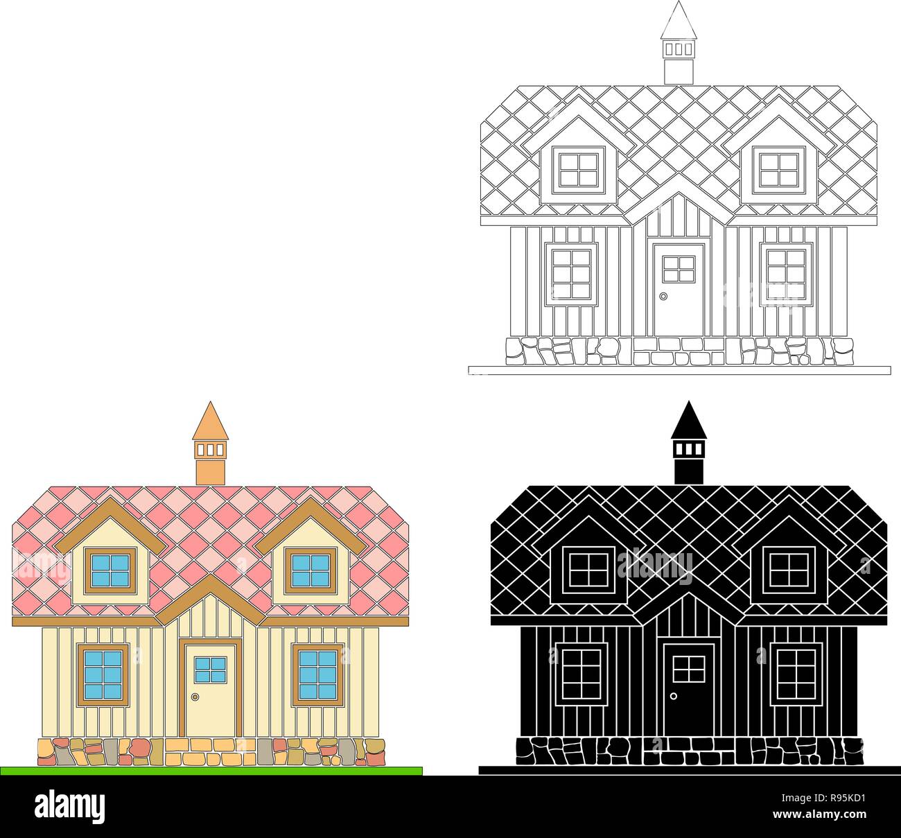 Traditionelle Holzhaus mit einem Wohn- Dachgeschoss. Das Dach ist mit bunten Fliesen bedeckt. Vector Abbildung: Weiß, Schwarz, Farbe Silhouette. Stock Vektor