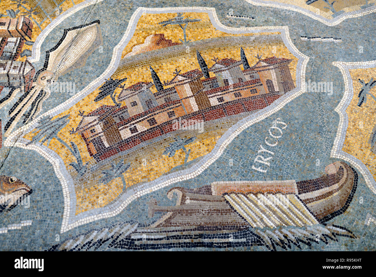 Römisches Fußbodenmosaik (c3 rd-c 4.) von Erice & Monte Erice, anc Erycos & Berg Eryx, Sizilien, von den alten römischen Stadt von ammaedara Haidra Tunesien Stockfoto