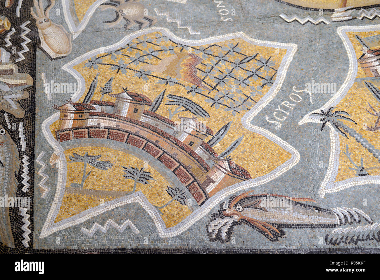 Römisches Fußbodenmosaik (c3 rd-c 4.), Plan oder eine Karte von der griechischen Insel Skyros, oder Insel Magnetes, von der antiken römischen Stadt Ammaedara Haidra Tunesien Stockfoto