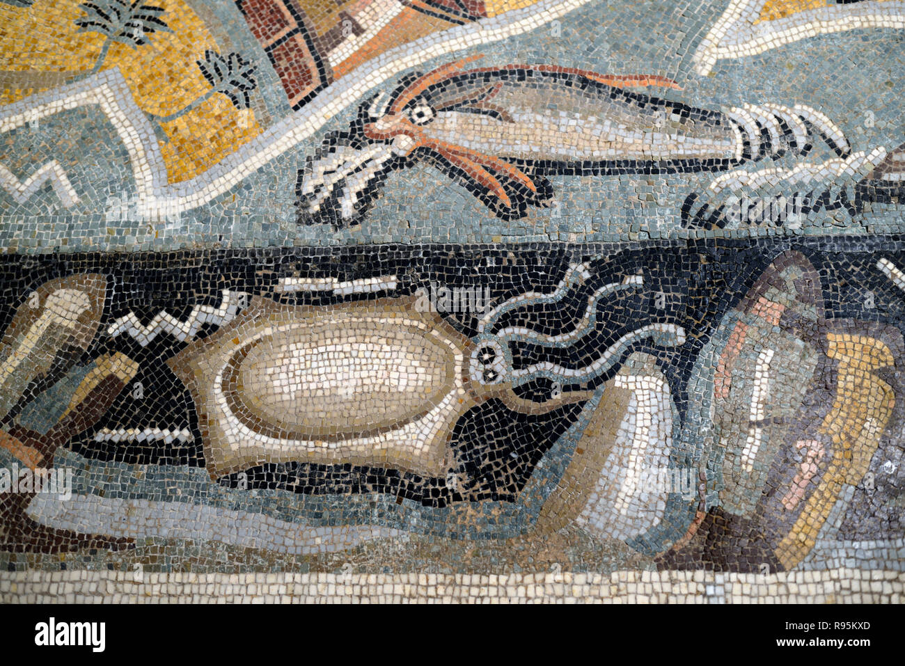 Römisches Fußbodenmosaik (c3 rd-c 4.) Der Tintenfisch & Mediterrane Meeresboden aus der antiken römischen Stadt Ammaedara Haidra Tunesien Stockfoto