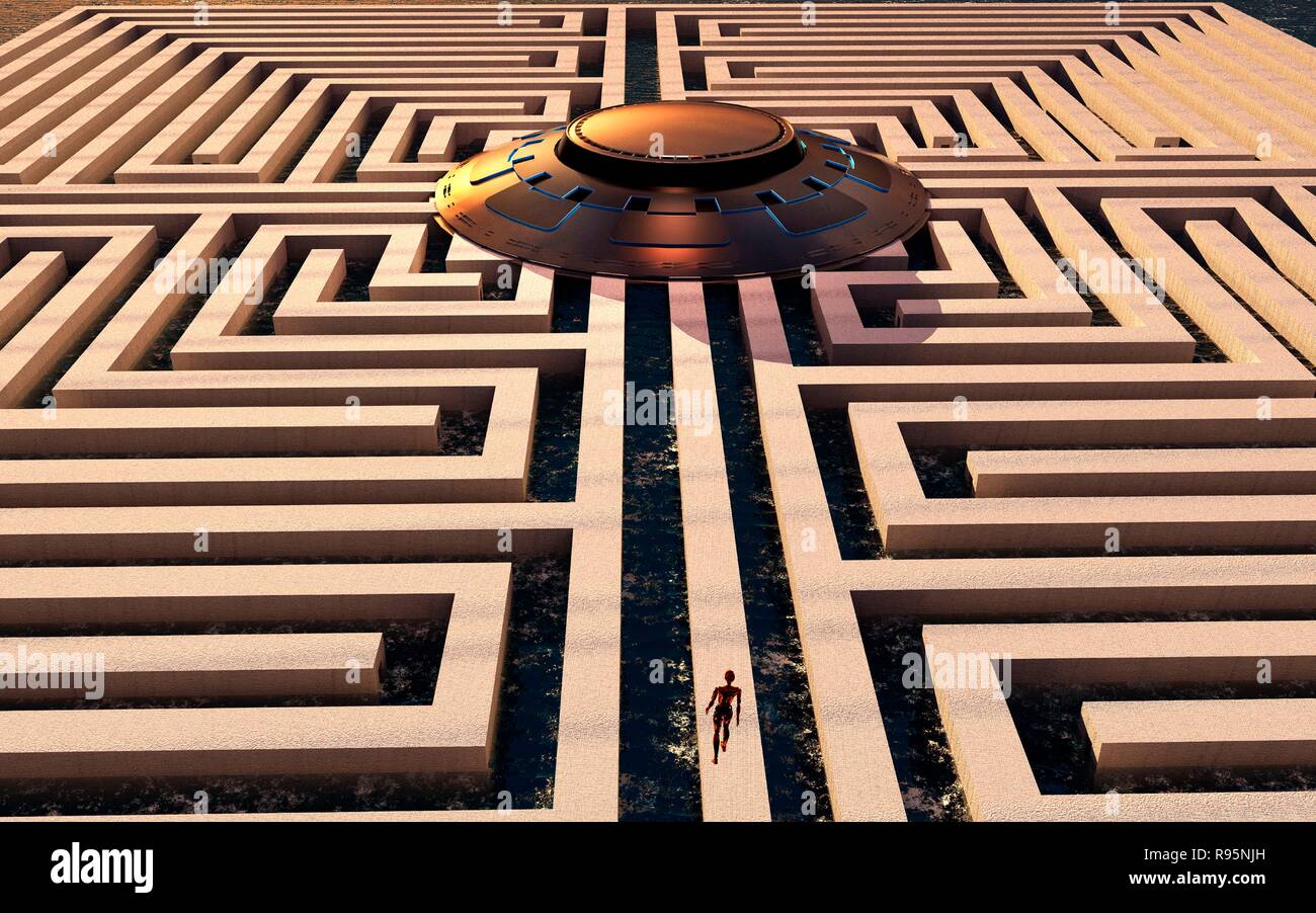 Ein Alien UFO in der Mitte eines Labyrinths Stockfoto