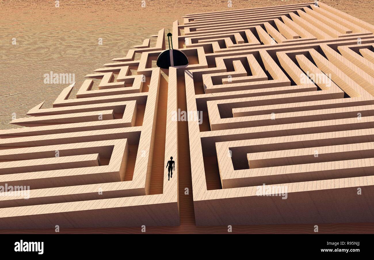Ein Labyrinth verschwinden in einer Wüste. Stockfoto