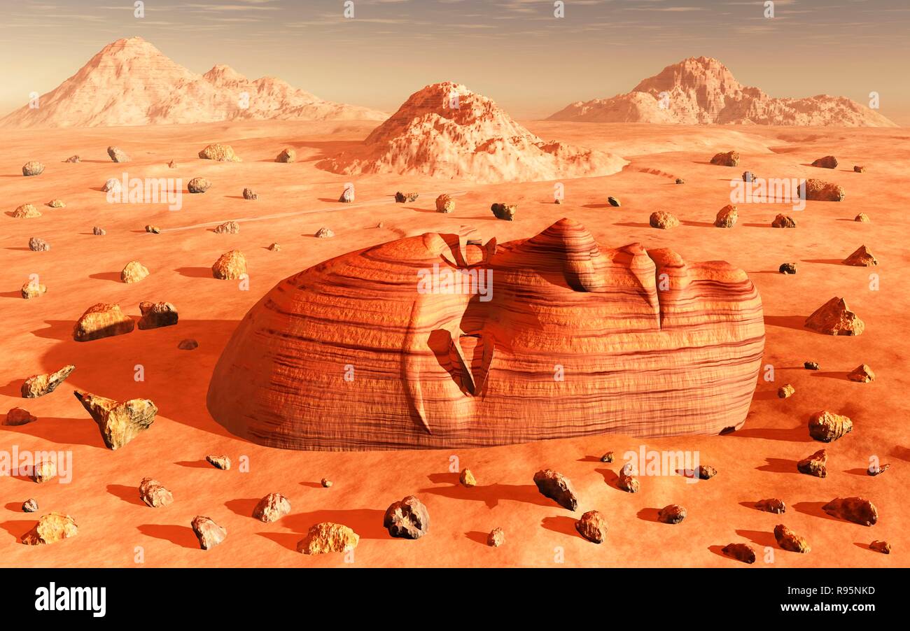 Ein handgearbeitetes Humanoiden Gesicht auf der Oberfläche des Mars Stockfoto