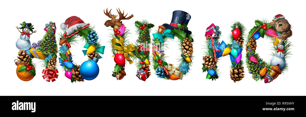 Ho Ho Ho Weihnachten Santa Grußkarte Schriftzug als Winter saison Grüße mit saisonalen Objekte mit 3D-Illustration Elemente. Stockfoto
