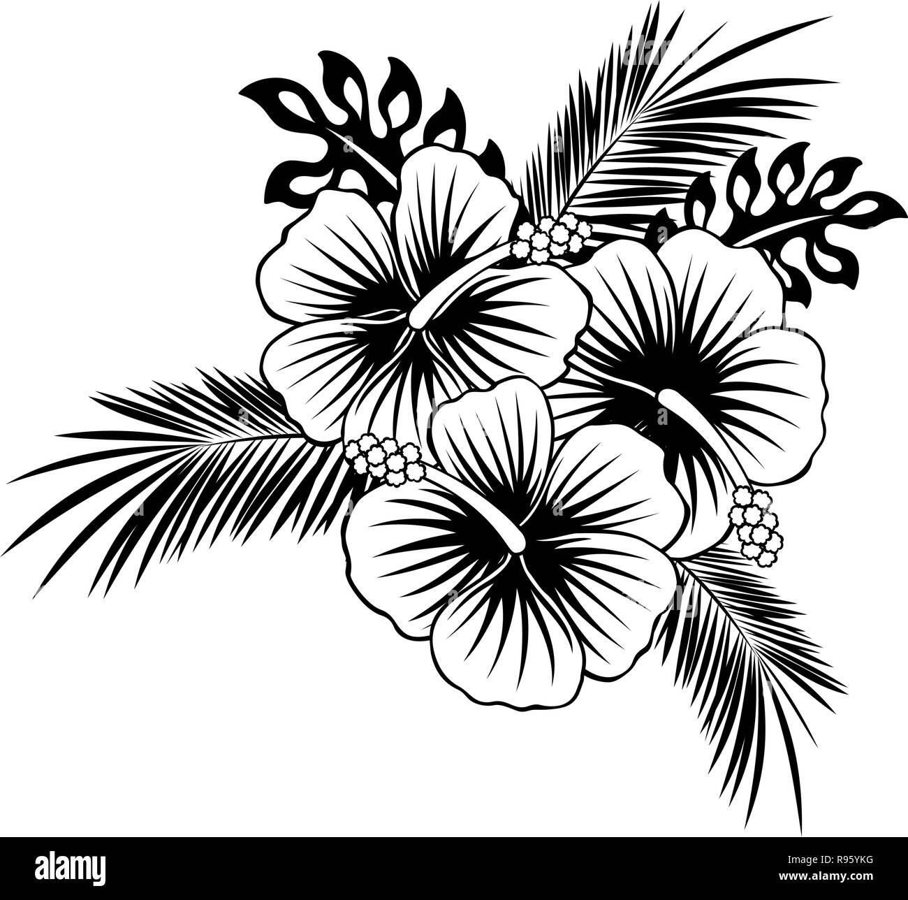Hibiskus Blumen mit tropischen Blätter in Schwarz und Weiß Stock Vektor
