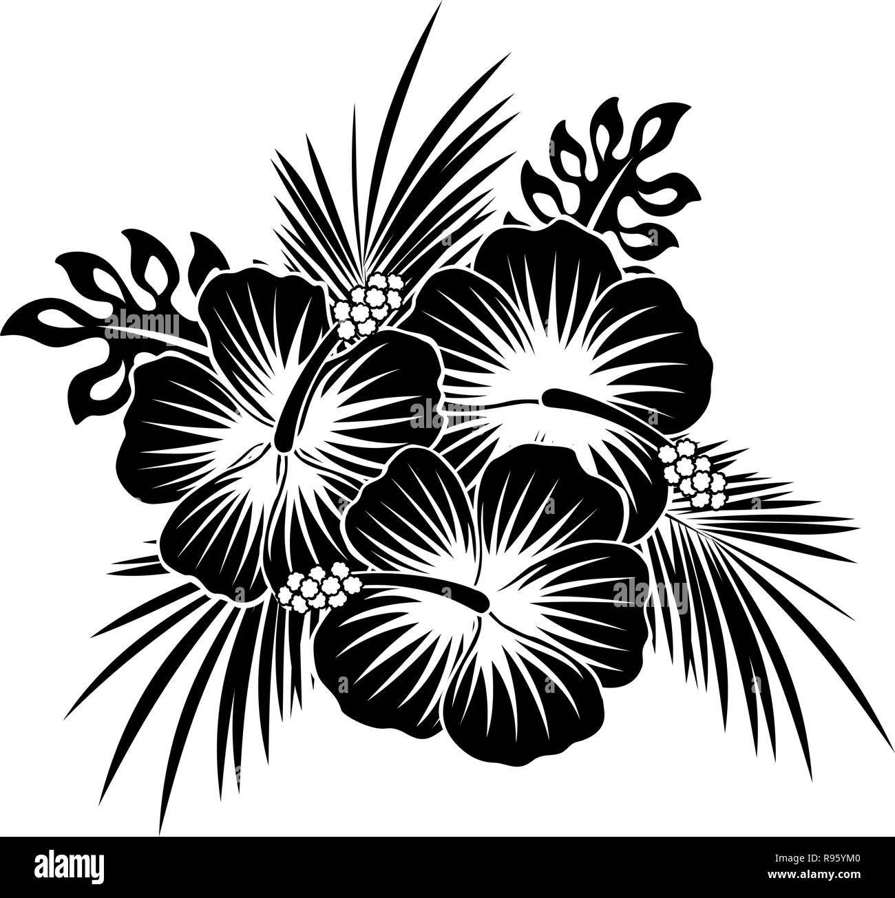 Hibiskus Blumen mit tropischen Blätter in Schwarz und Weiß Stock Vektor