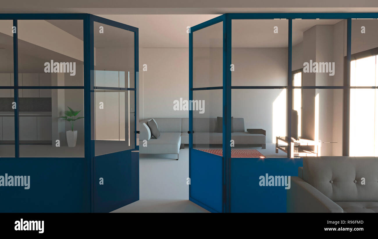 Aus Glas in Blau, Eisen und Glas, Wohnzimmer, Wohnzimmer und Küche. Modernes Interieur. 3D-Rendering. Offener Raum Stockfoto
