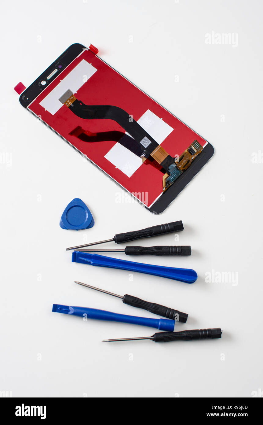 Close-up neuer Bildschirm des Smartphones, Handy Reparatur Stockfoto