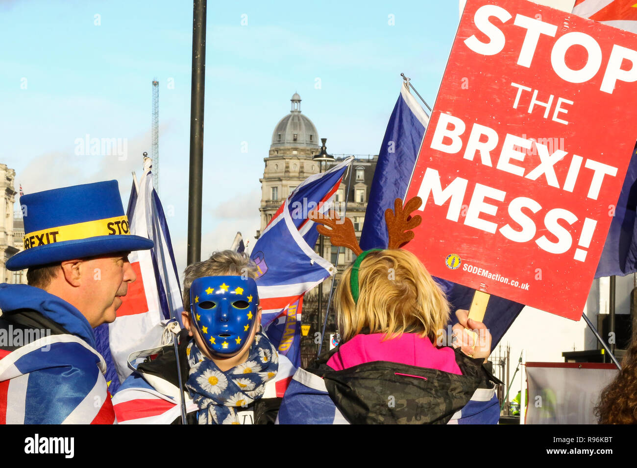 Vereinigtes Königreich. 19 Dez, 2018. Anti-Brexit Demonstranten gesehen außerhalb der Häuser des Parlaments mit nur 100 Tage für Brexit, Großbritannien protestiert wird offiziell die Aufnahme in die Europäische Union verlassen, indem Sie vom 29. März 2019 und der britischen Regierung beiseite gesetzt hat Â £ 2 Milliarden für ein ''Keine'' Brexit. Credit: Dinendra Haria/SOPA Images/ZUMA Draht/Alamy leben Nachrichten Stockfoto