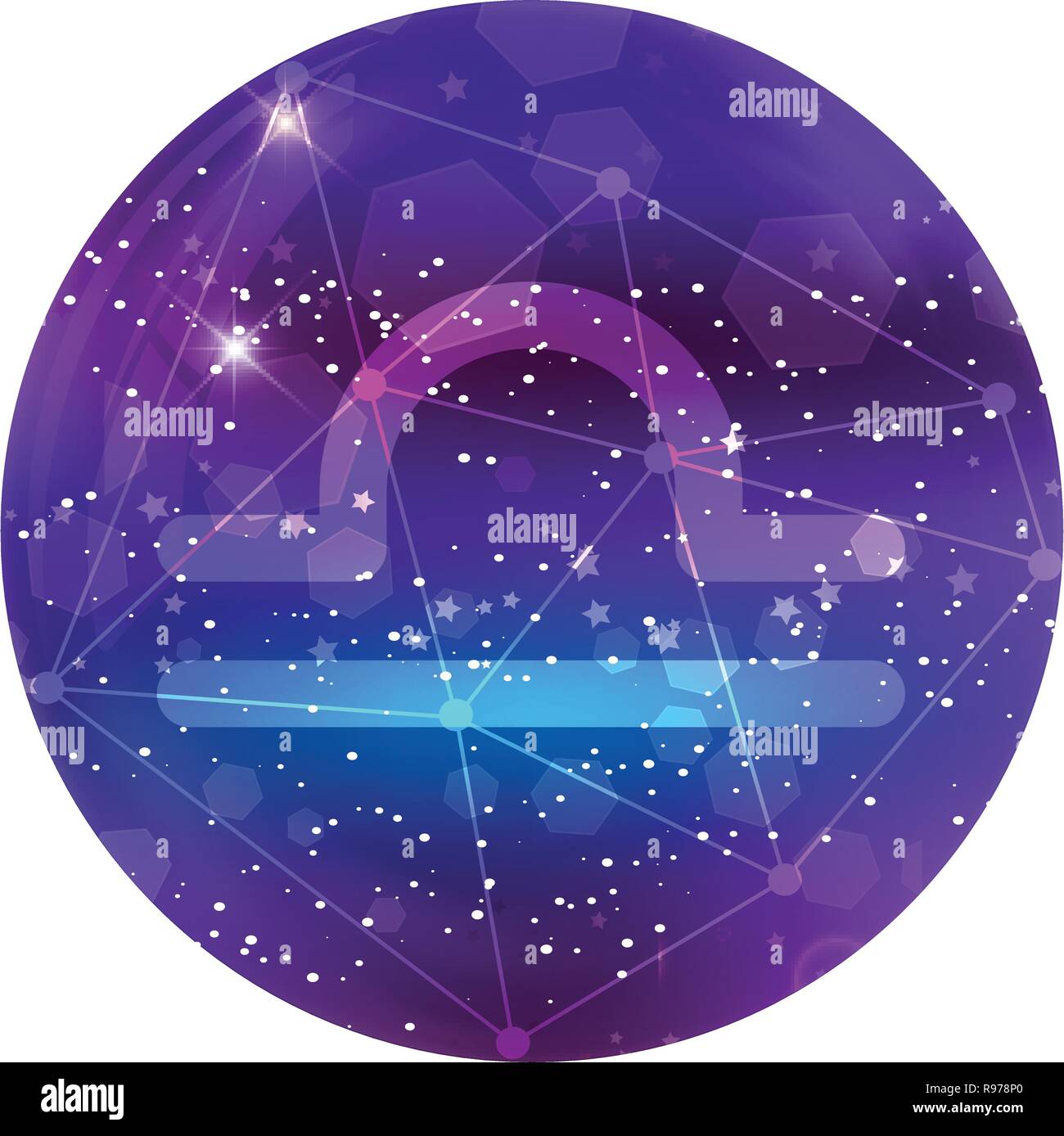 Waage Tierkreiszeichen und Sternbild auf eine kosmische purple sky mit  leuchtenden Sterne und Nebel auf weißem Hintergrund. Vektor neon-Symbol, Web-Taste,  c Stock-Vektorgrafik - Alamy