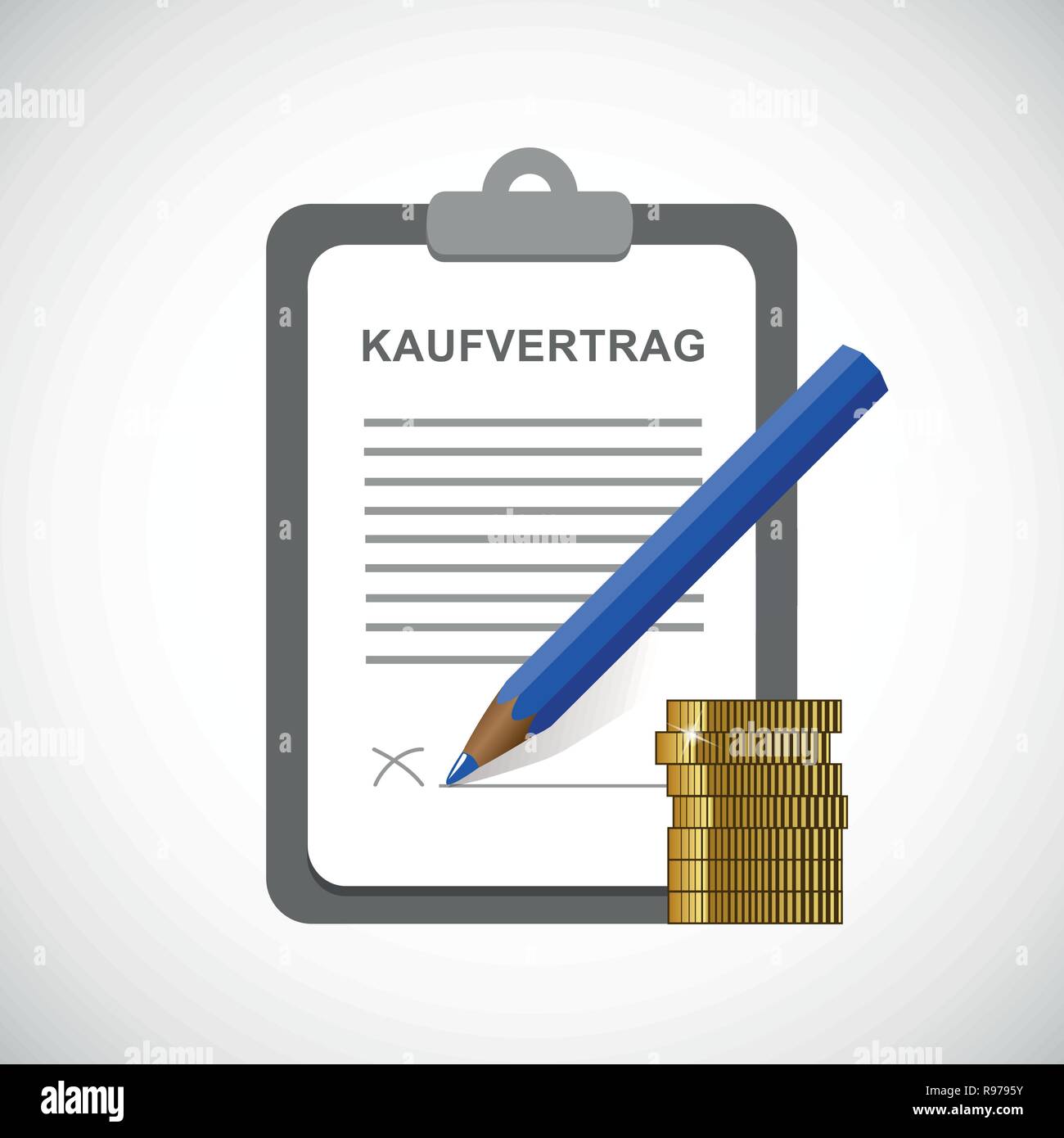 Kaufvertrag Zwischenablage und Blau Bleistift und goldenen Münzen Vektor-illustration EPS 10. Stock Vektor
