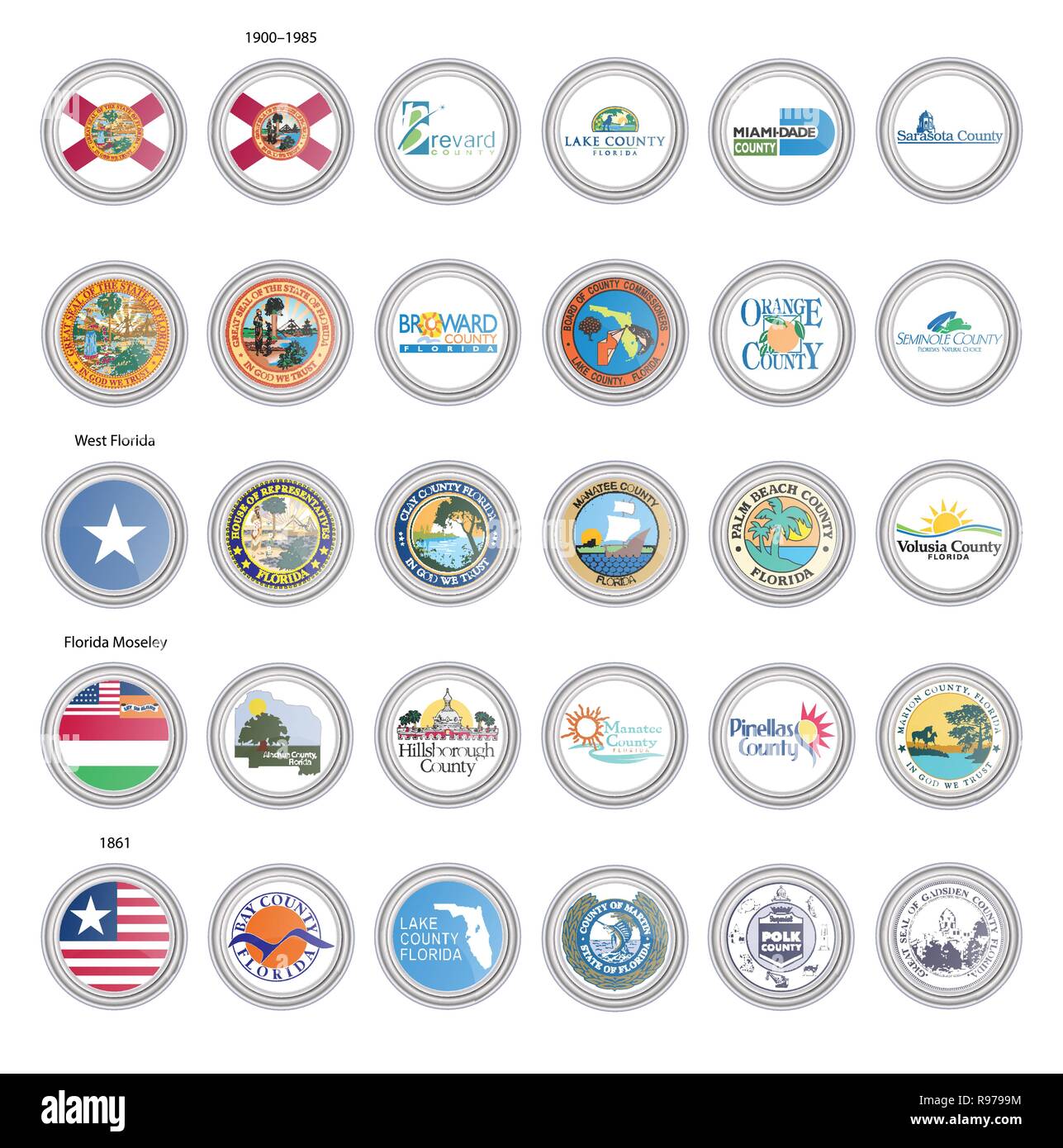 Satz von Vector Icons. Flaggen und Siegel der Florida State, USA. 3D-Darstellung. Stock Vektor