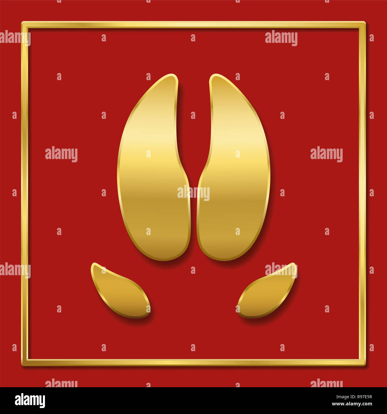 Jahr des Schweins Symbol. Golden pig Footprint, roten Hintergrund, Golden Square format Frame. Chinesische Glück Symbol. Stockfoto