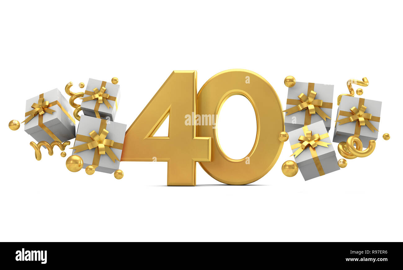 Nummer 40 gold Geburtstagsfeier Nummer mit Geschenkboxen. 3D-Rendering Stockfoto