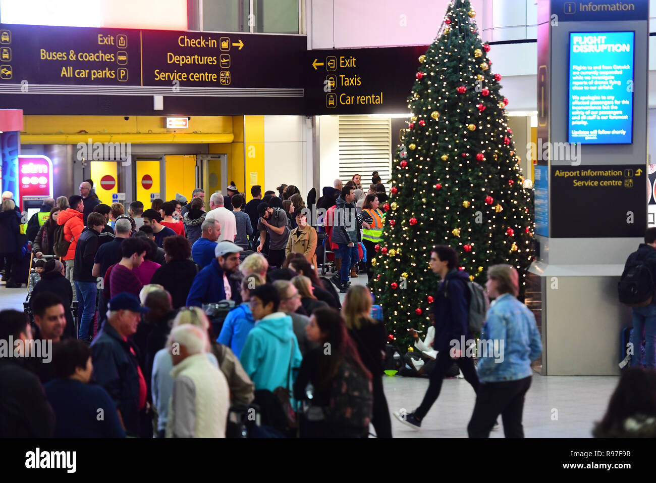 Passagiere gestrandet Warteschlange für Informationen am Flughafen Gatwick, die nach Drohnen geschlossen wurde, waren über dem Flugplatz letzte Nacht und heute Morgen entdeckt. Stockfoto