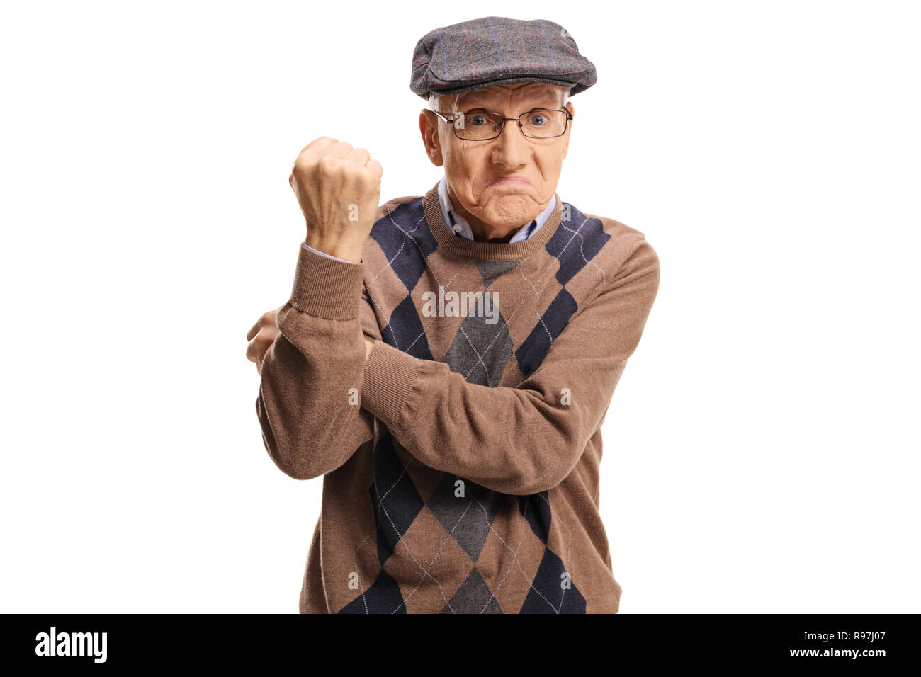 Enttäuscht älterer Mann und deutete mit der Hand auf weißem Hintergrund Stockfoto