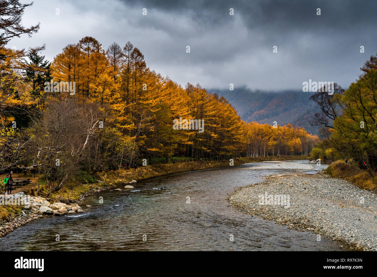 Azusa River im Herbst in Kamikochi, Chubu Sangaku National Park Stockfoto