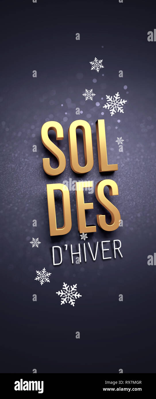 Gold Winter Verkauf Schreiben in französischer Sprache, mit Schneeflocken Formen auf schwarze Fahne - 3D-Darstellung Stockfoto