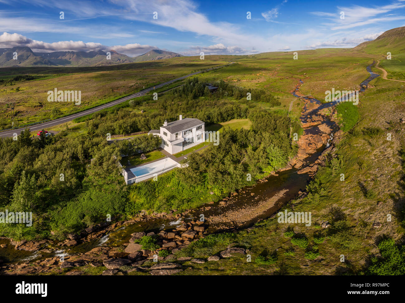 Halldor Laxness Museum, Mosfellsbaer, Island. Dieses Bild ist mit einer Drohne erschossen. Stockfoto