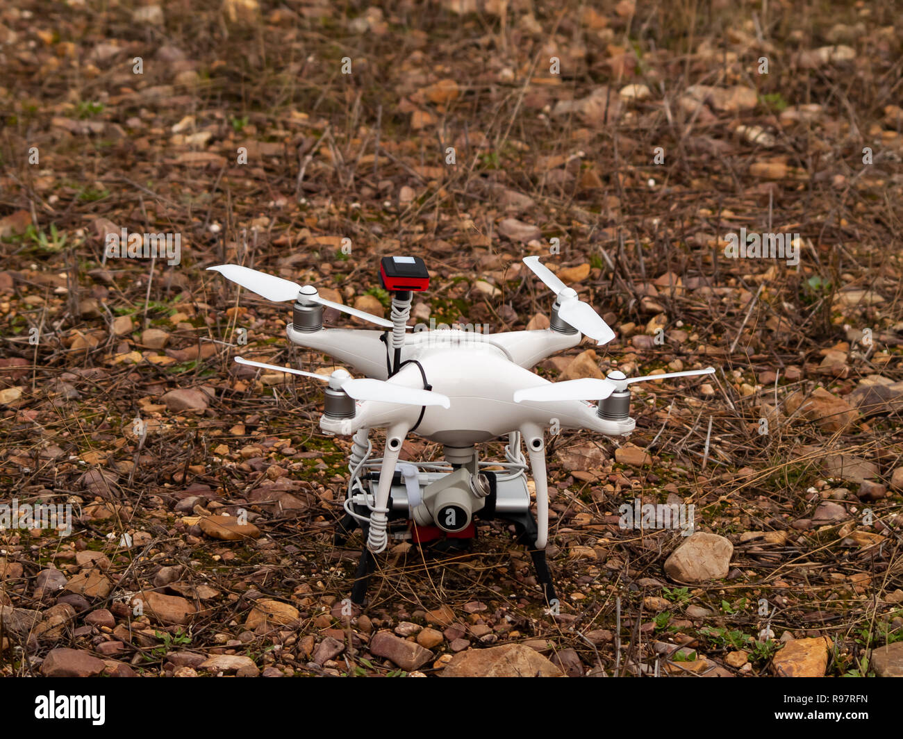 Eine Drohne auf dem Boden in einem Wald im Herbst Stockfoto