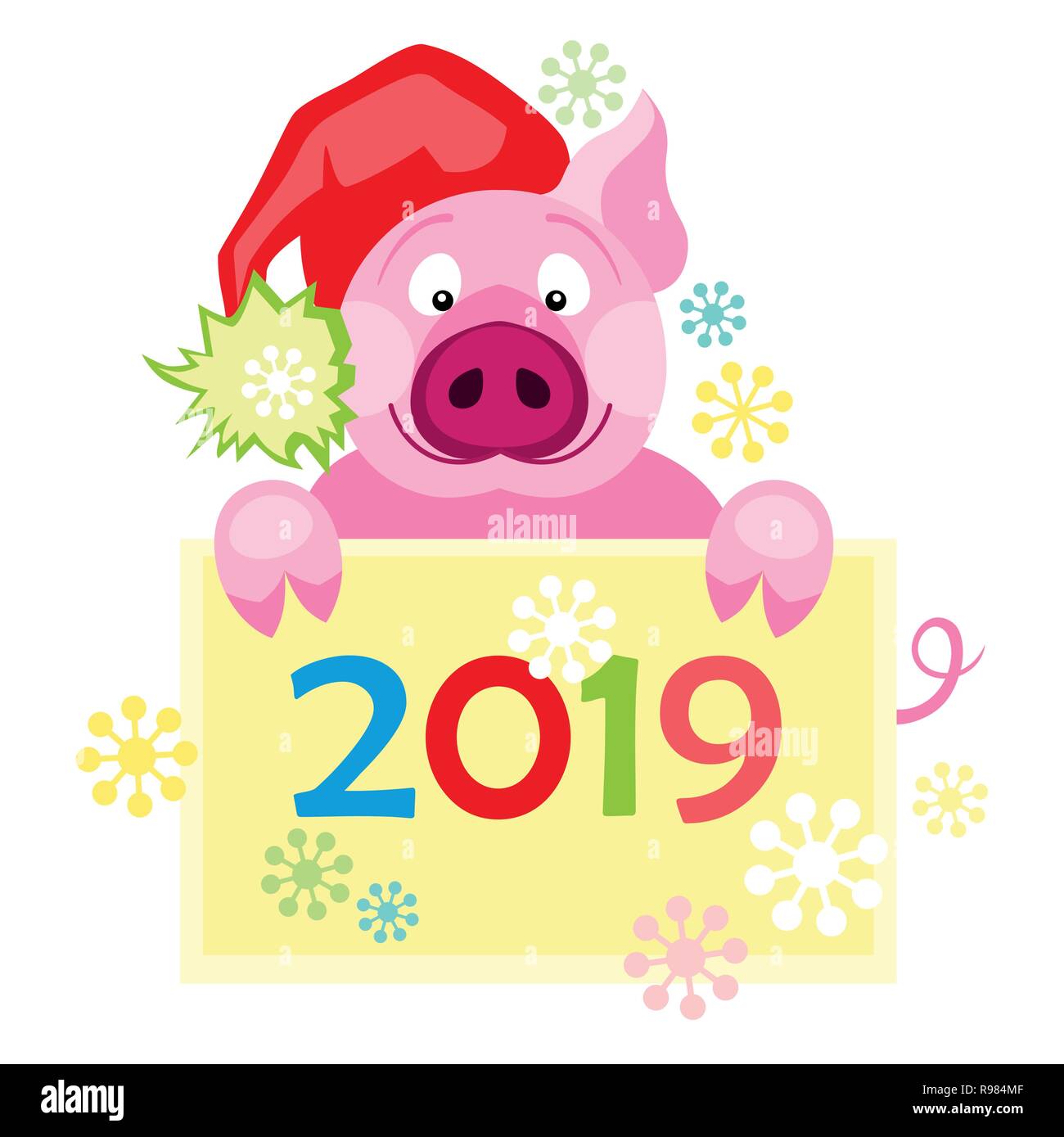 Neues Jahr 2019 Karte mit niedlichen Schwein. Symbol für das Jahr im chinesischen Kalender Stock Vektor