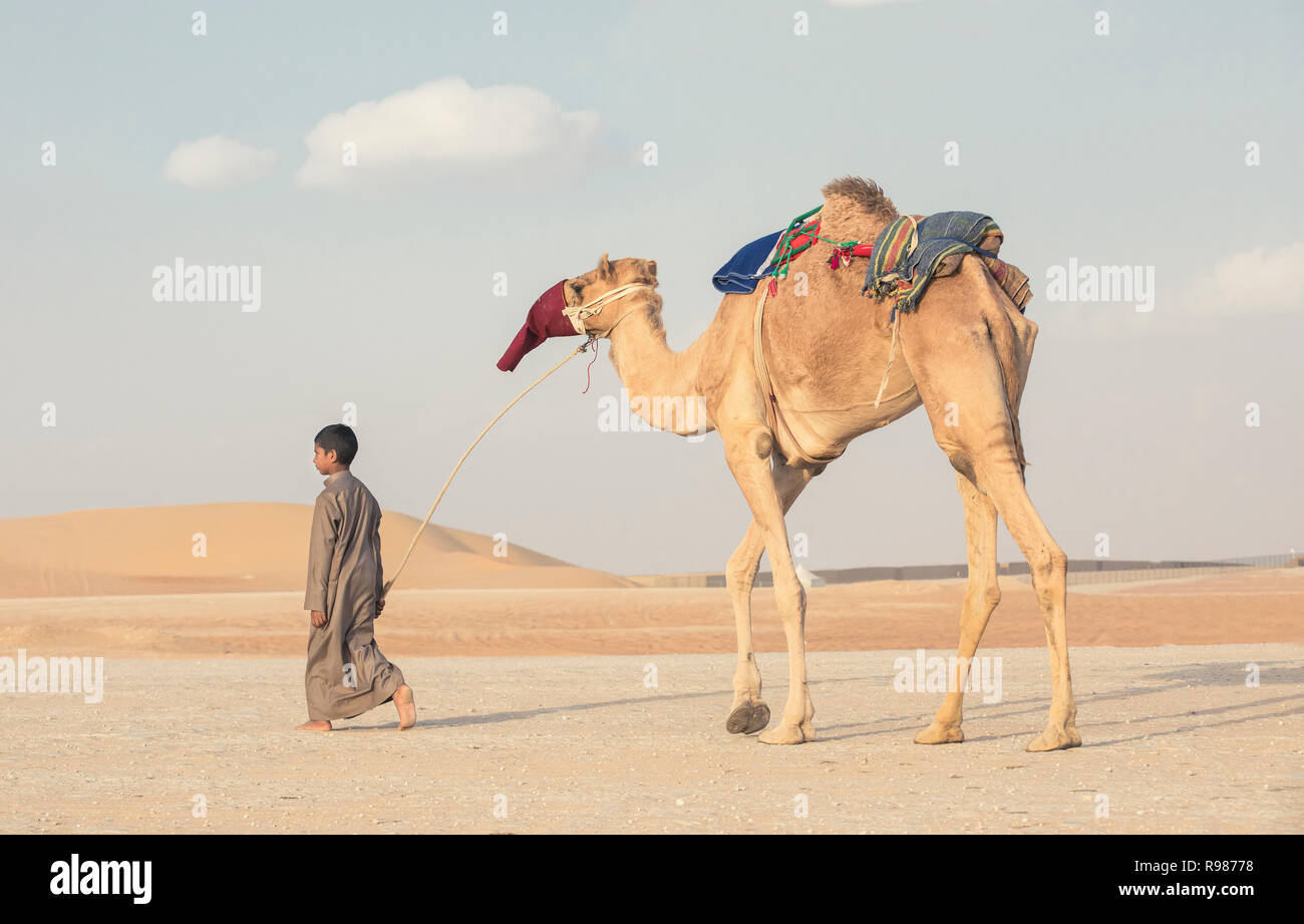 Madinat Zayed, Vereinigte Arabische Emirate, am 15. Dezember, 2017: Barfuss bedouin Kind mit seinem Kamel an der Millionen Straße, wo Kamele gekauft und verkauft. Stockfoto