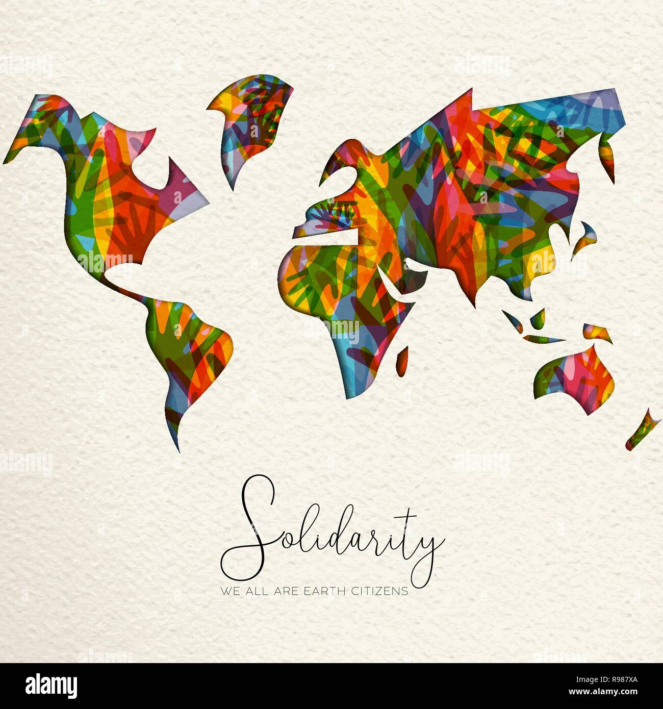 Internationaler Tag der Solidarität Grußkarte mit Weltkarte und diverse Hände aus verschiedenen Kulturen, die sich gegenseitig helfen für die Hilfe, socia Stock Vektor