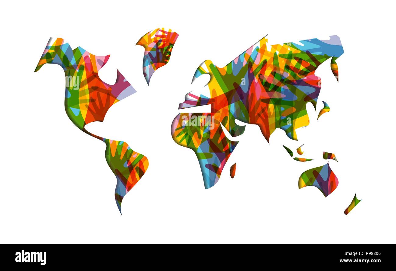 Internationaler Tag der Solidarität Abbildung mit Weltkarte und bunte Hände aus verschiedenen Kulturen, die sich gegenseitig helfen für die Hilfe, socia Stock Vektor