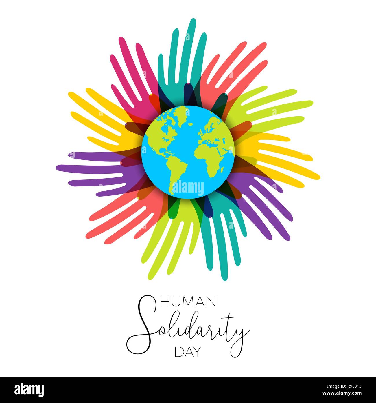 Internationaler Tag der Solidarität Abbildung mit farbigen Hände auf der ganzen Welt aus verschiedenen Kulturen, die sich gegenseitig helfen für die Hilfe, so Stock Vektor