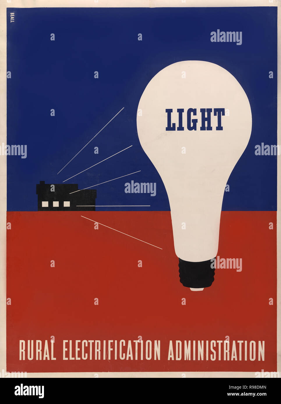 Poster mit großen Glühbirne mit der Beschriftung "Light" im Vordergrund,  Bauernhaus mit Licht strahlt durch die Fenster im Hintergrund, die  ländliche Elektrifizierung, Verwaltung, Artwork von Lester Beall, 1930  Stockfotografie - Alamy