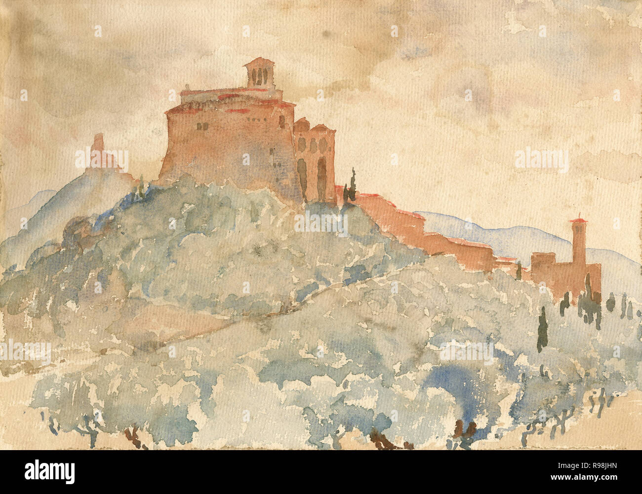 Antike c 1920 Aquarell, zeigt die Hügel Blick auf die Basilika des Heiligen Franziskus von Assisi in Assisi, Italien. Die römische Festung Rocca Maggiore befindet sich auf der linken Seite. Quelle: ORIGINAL ARTWORK Stockfoto