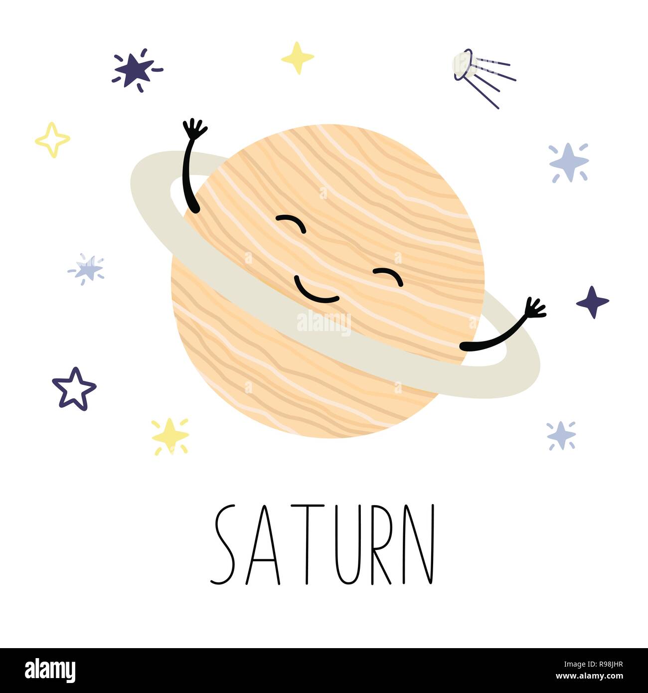 Cute cartoon Saturn, Planet, Vektor Charakter, Solar System. Stock Vektor