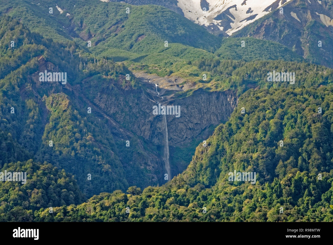 Wasserfall von großer Höhe aus dem Tauwetter der Vulkan Calbuco, von einheimischen Wald umgeben Stockfoto